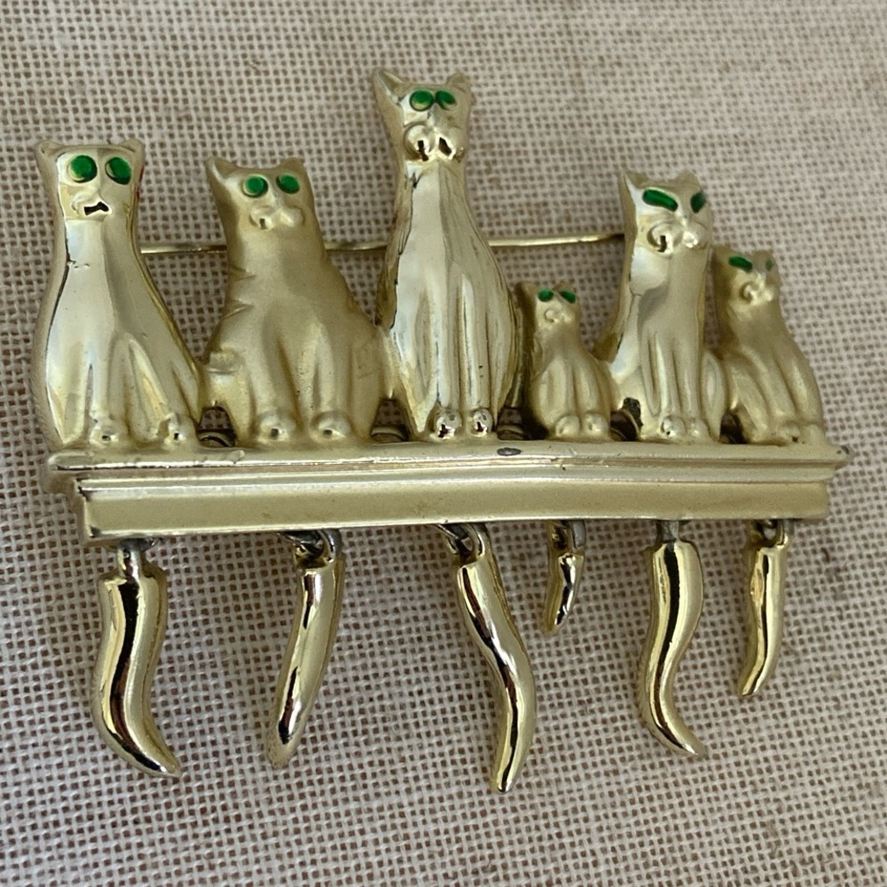 80s cat pin Vintage Cats on Fence Brooch  Pin Gold Tone 1980s AJC kitty family